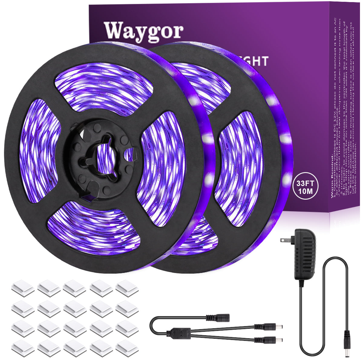 Waygor 33ft LED Black Light Strip Kit, Blacklight Strip Lights 395nm to 405nm UV Black Light LED Strips Flexible 12V Blacklights Non-waterproof Black Lights for Bedroom Glow Party Halloween