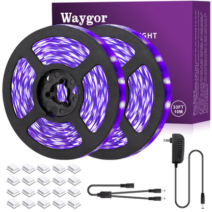 Waygor 33ft LED Black Light Strip Kit, Blacklight Strip Lights 395nm to 405nm UV Black Light LED Strips Flexible 12V Blacklights Non-waterproof Black Lights for Bedroom Glow Party Halloween