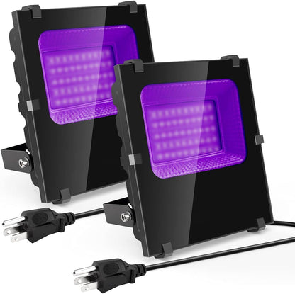 Waygor 120W LED Black Lights Outdoor, High Power Black Light Flood Lights Waterproof IP66 Blacklight Flood Light 395nm Plug in Black Light Spotlight for Glow Party Large Space, Halloween (2 Pack)