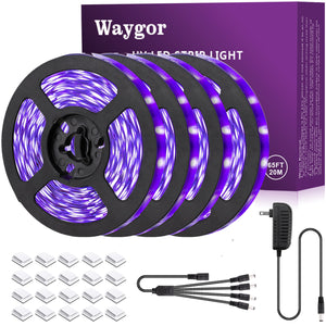 Waygor 65ft LED Black Light Strip Kit, Blacklight Strip Lights 395nm to 405nm UV Black Light LED Strips Flexible 12V Blacklights Non-waterproof Black Lights for Bedroom Glow Party Halloween