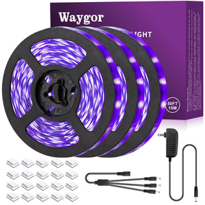 Waygor 50ft LED Black Light Strip Kit, Blacklight Strip Lights 395nm to 405nm UV Black Light LED Strips Flexible 12V Blacklights Non-waterproof Black Lights for Bedroom Glow Party Halloween