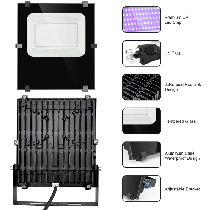 Waygor 300W LED Black Lights Outdoor, High Power Black Light Flood Lights Waterproof IP66 Blacklight Flood Light 395nm Plug in Black Light Spotlight for Glow Party Large Space, Halloween (2 Pack)