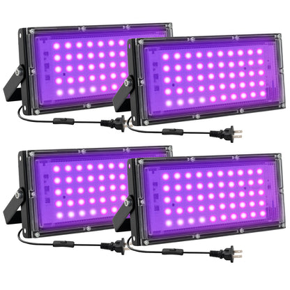 Waygor 50W LED Black Lights for Glow Party - Waygor IP65 Waterproof UV Blacklight Floodlight 395nm Black Light Spotlight Purple Black light Flood Light Fluorescent UV Light Lamp for Halloween Decor (4 Pack)