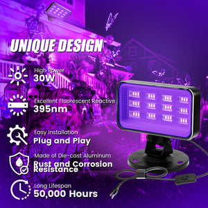 Waygor 30W Black Light Spotlight - High Power LED Outdoor Black Light Spot Light Plug in IP66 Waterproof Blacklight Spotlight 395nm Blacklight Spot Lights for Glow Party, Halloween (2 Pack)